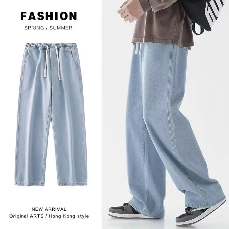 2025 New Korean Men's Casual Long Jeans Classic Man Straight Denim Wide-leg Pants Solid Color Light Blue Grey Black ﻿