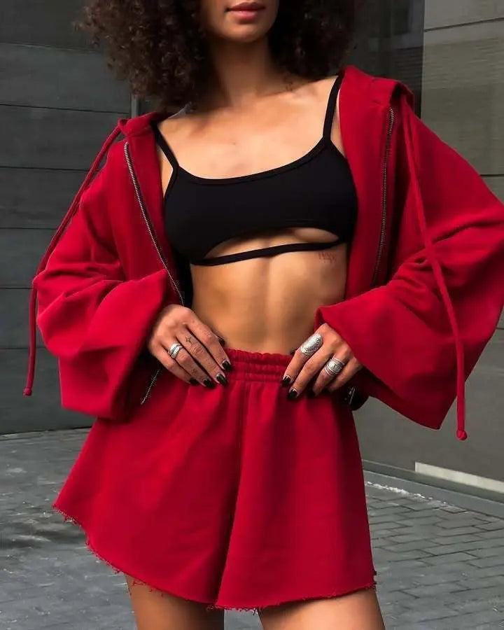 Women's Outfit Long-Sleeve Hooded Drawstring Sweatshirt Shorts Set Two-Piece Sets Sports Suit Sportswear Streetwear Trendy