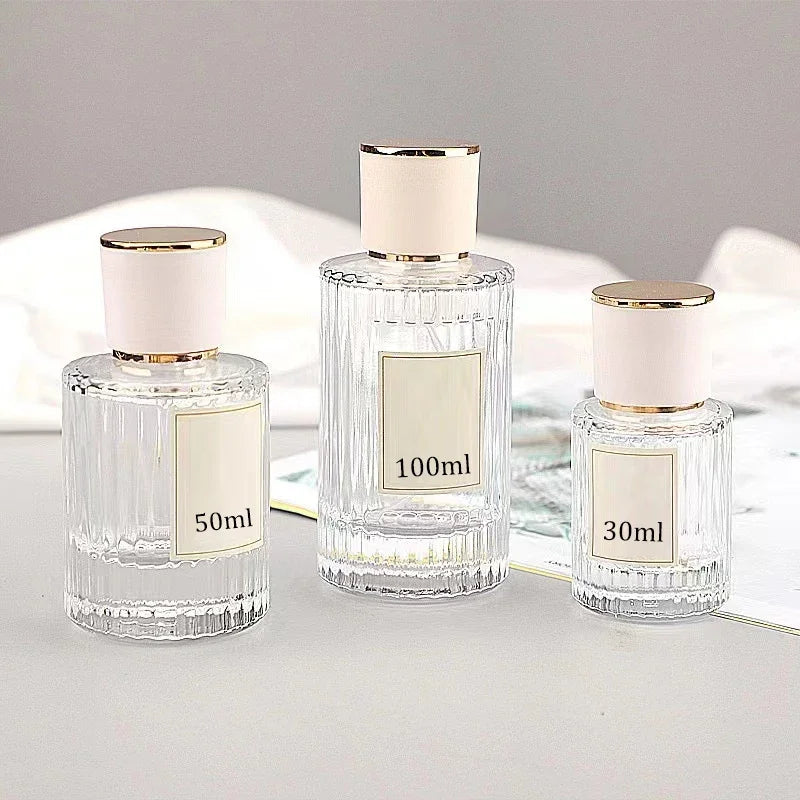30/50/100ML Transparent Glass Perfume Bottles with Vertical Stripes Spray Atomizers for Essential Oils Fragrances Aromatherapy