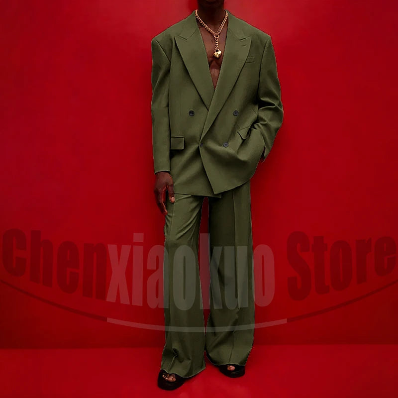 Men's Double Breasted Suit Set Oversized Blazer and Wide-Leg Trousers Fashion Casual Formal Outfits for Streetwear Party