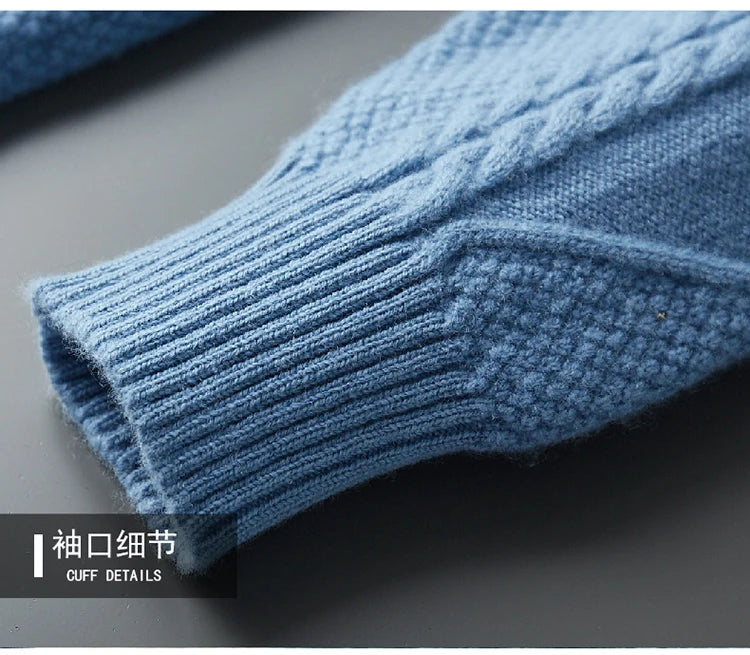 2025 Winter Turtleneck 100% Merino Wool Knitted Sweater Men's Lapel Jacquard Thicken Pullovers Fashion Loose High-End Base Shirt