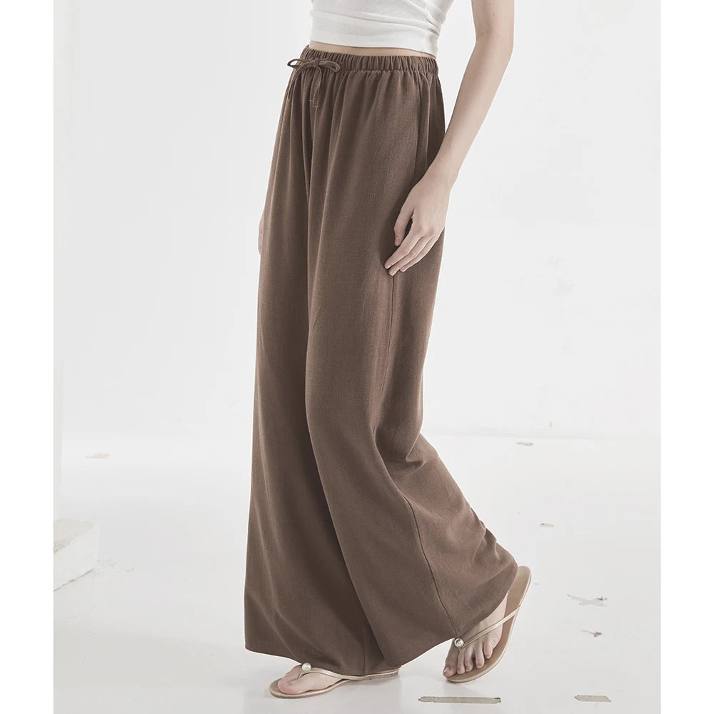 Loose Wide Leg Casual Pants Women's  Korean Linen Office Lady Household Trousers Drawstring Straight Leg Long Pants Femme