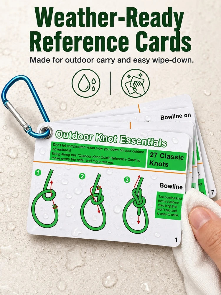 Outdoor Knot Tying Guide Cards Waterproof Plastic Reference Carabiner Survival Emergency Tools For Hikers Campers Scouts Gifts
