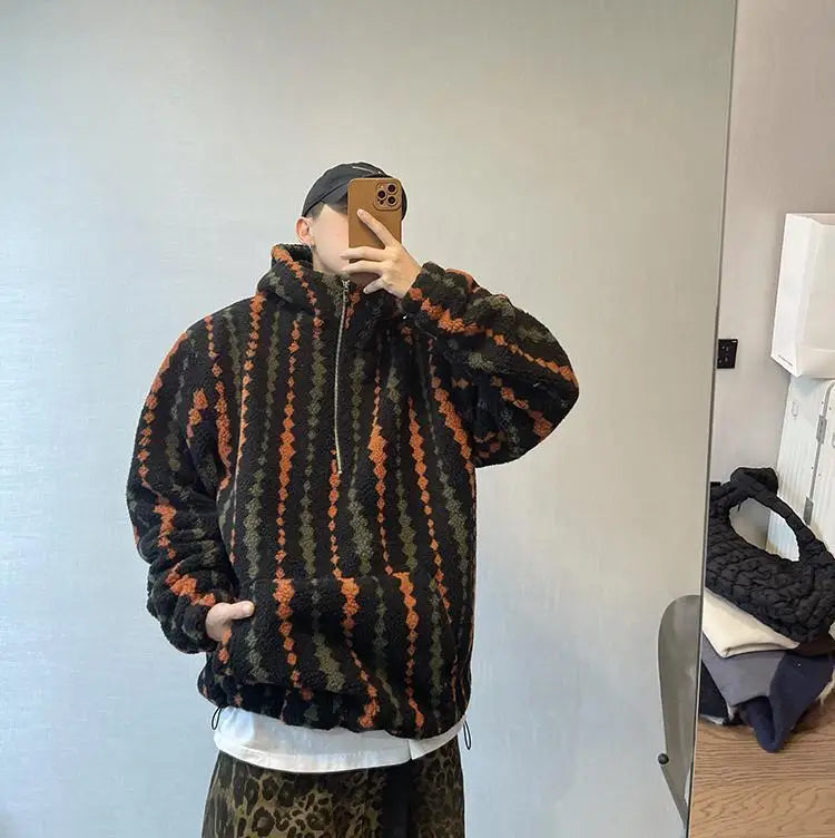 Retro Vertical Striped Autumn Winter Oversized Hooded Overcoat Men's Warm Velvet Loose Casual Half-zip Jackets Male Clothes