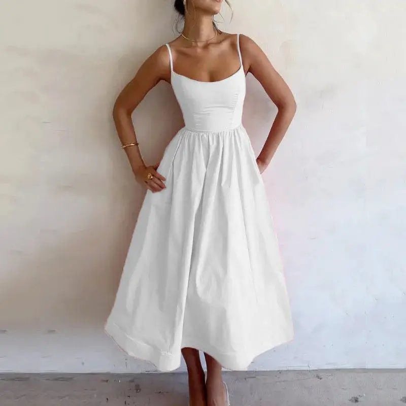 Summer Fashion Casual Sexy Big Skirt Pure Color Strapless Dress Women's mid Waist A-Line Skirt Polyester Fabric No Sleeve