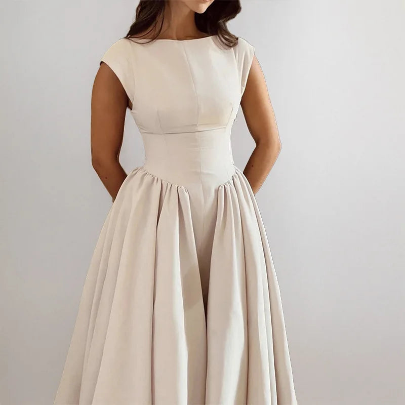 Summer French Fashionable Women's Temperament Solid Color High Waist Sleeveless Back Hollow Dress for Slimming