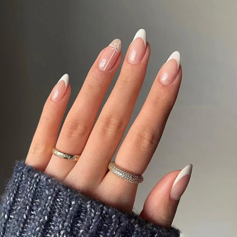 24Pcs/Set Blue Sky White Cloud Fake Nails Glue DIY Manicure Pattern Design False Nail French Stiletto Full Cover Nail Art Tools