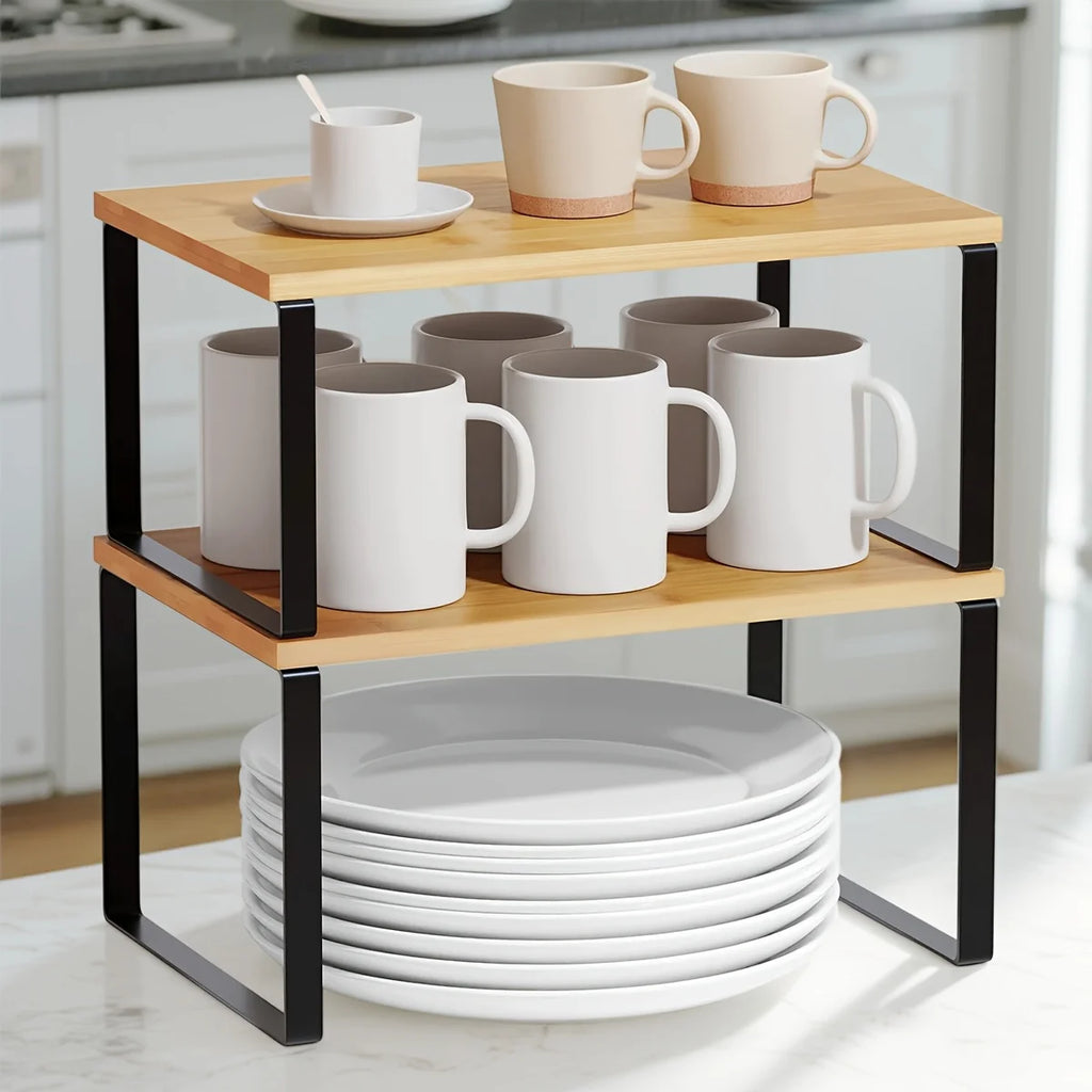 Kitchen Counter Shelves Spice Rack Set of 2, Stackable Cabinet Organizer Shelf, Expandable Kitchen Shelves Organizer for Kitchen