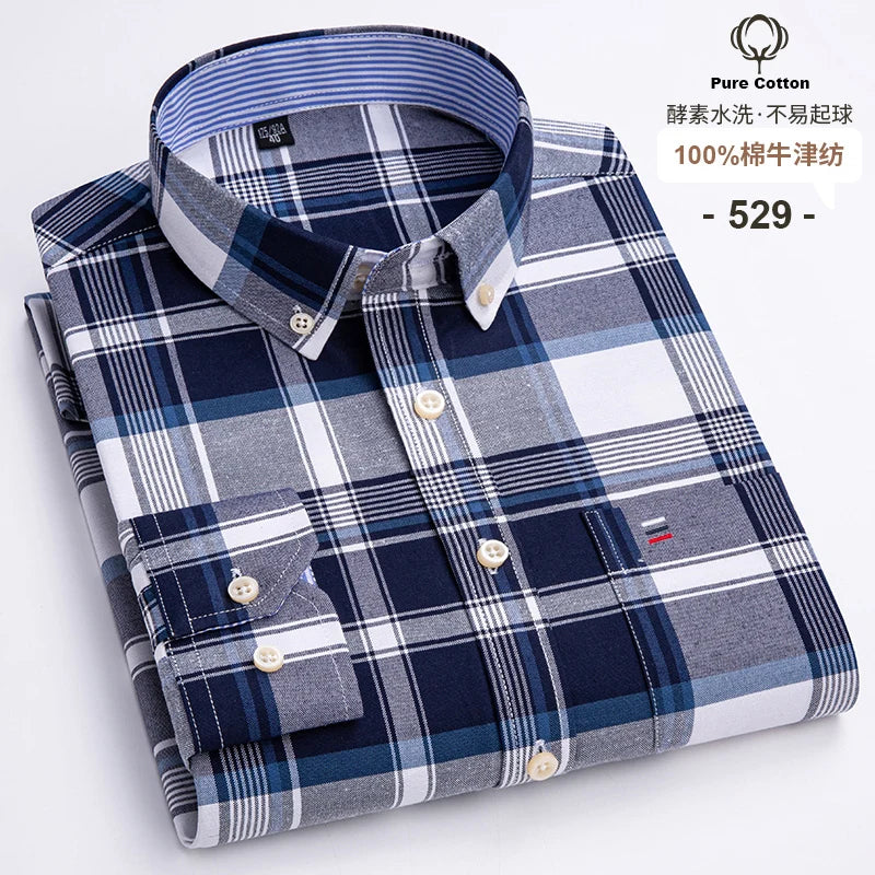 2024 Fashion Men Work Business Brand Shirt Mens Plaid Cotton Casual Dress Shirts Slim Fit Long Sleeve Button Down  Chemise Homme