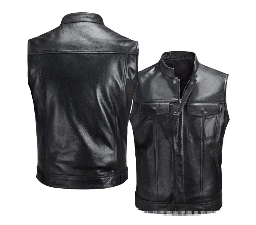 Biker Men's Faux Leather Waistcoat Men's Leather Vest Autumn Winter Motorcycle Zipper Button Motorcycle Casual Leather Vest