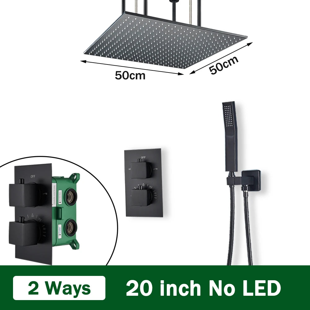 Rozin Brass Thermostatic Shower Faucet Black 40*80cm Ceiling Rainfall Shower Head Mixer Tap Concealed Install Bathroom Faucets