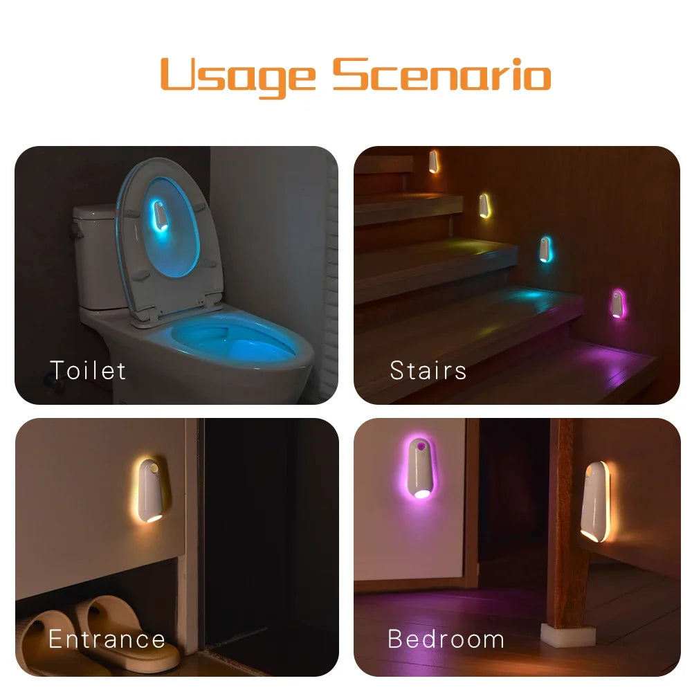 LED Motion Sensor Light Rechargeable RGB Night Light 8 Colors Adjustable IPX3 Waterproof for Toilet Stairs Bedroom Entrance