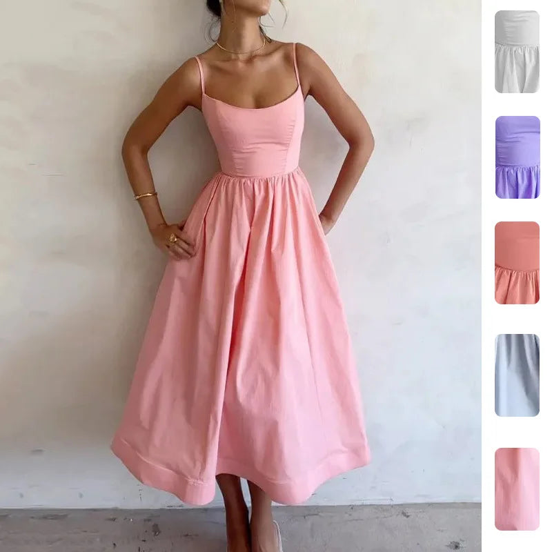 Summer U-neck Casual Female Vintage Elegant Spaghetti Strap Dress Women Elegant Solid Sleeveless A-line Midi Women's Dresses