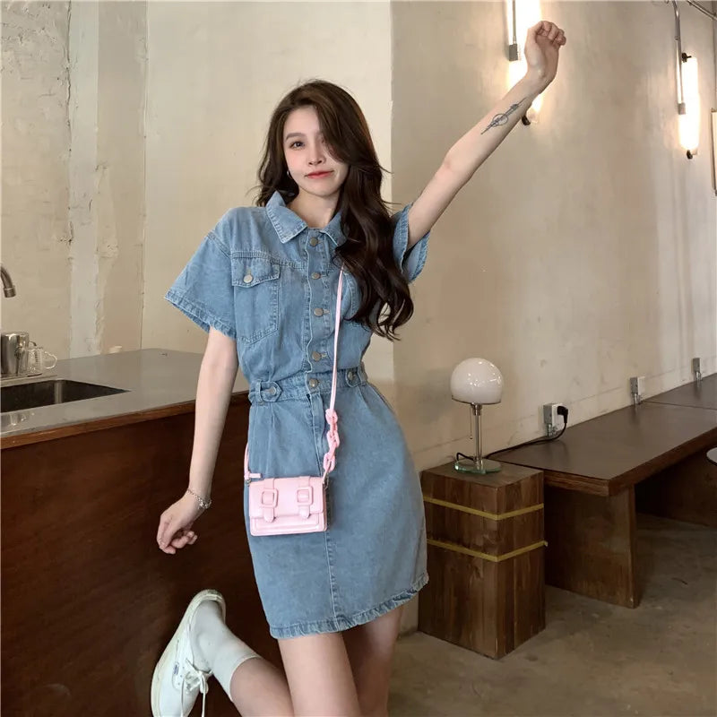 Women Vintage Denim Shirt Dress High Waist A-line Jean Mini Dress for Ladies Retro Y2K Streetwear Dresses for Women Party Outfit
