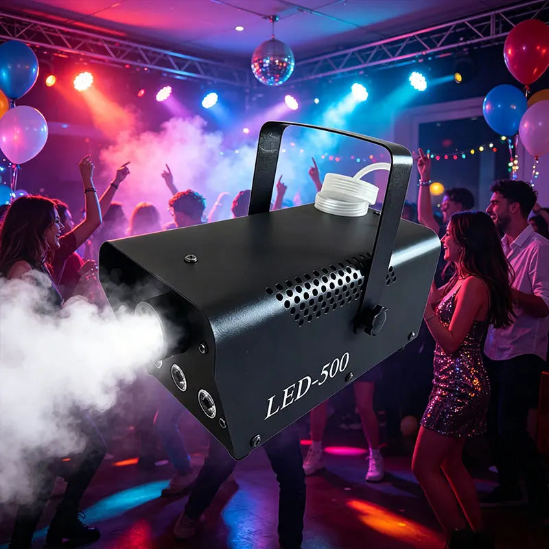 500W Dry Ice Fog Machine with RGB LED Lights Remote Control Iron Strobe Effect 3-5m 0.25L Volume 110-220V for Stage Party Use