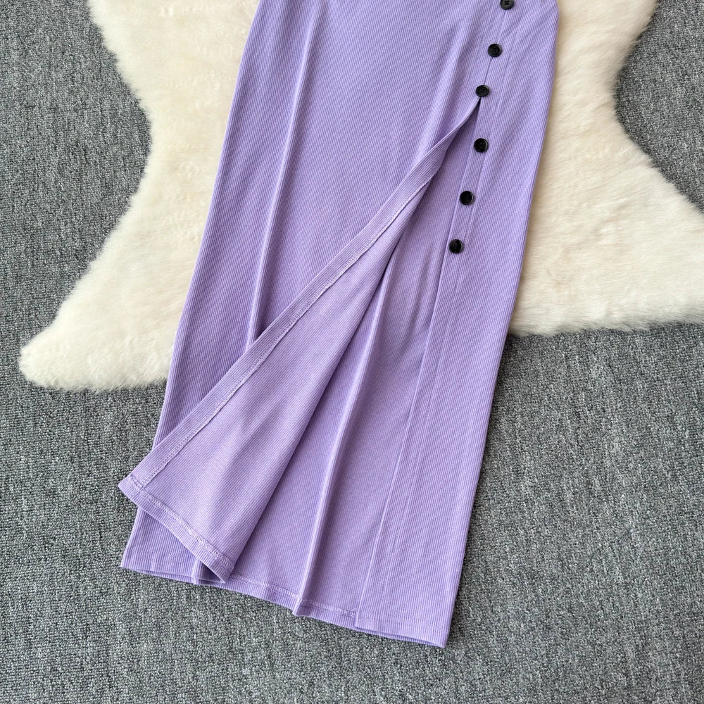 Sexy two Pieces Sets Chic Elegant  v neck slip camis with High Waist Hip Wrap Single Breasted split summer sweet Full Skir