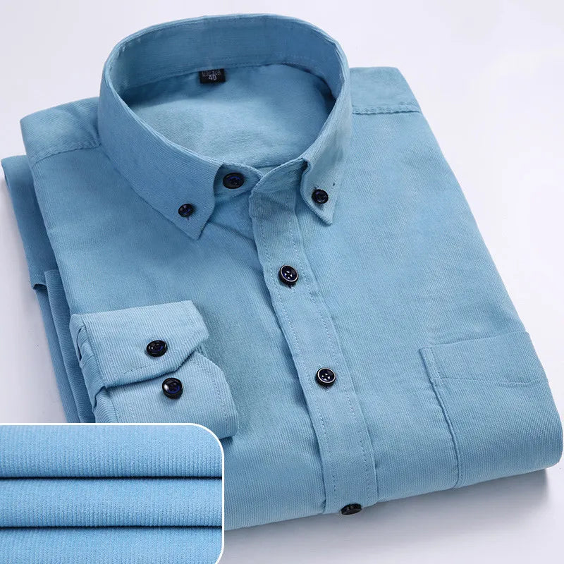 6XL Autumn/winter Warm Quality 100%cotton Corduroy long sleeved button collar smart casual shirts for men comfortable