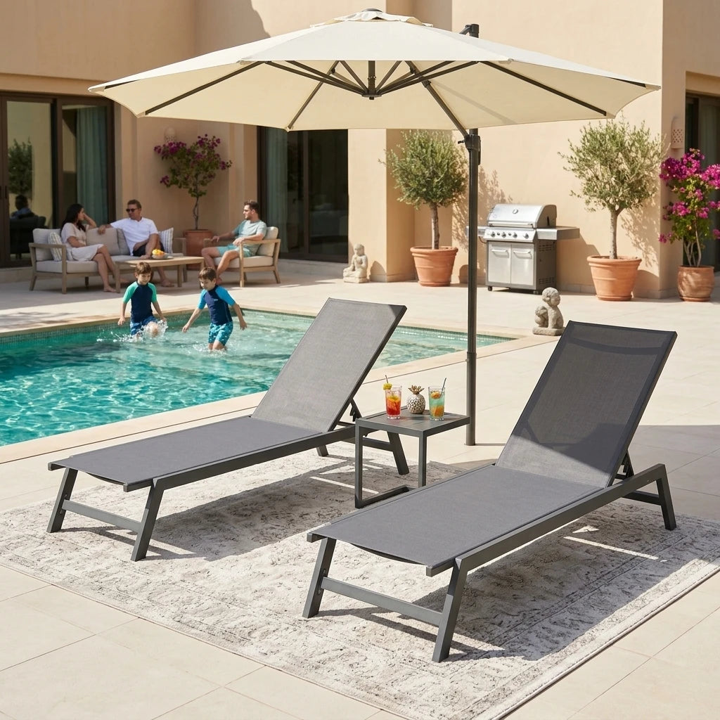 3PCS Aluminum Teslin Sun Lounger Set With Side Table Adjustable Backrest Outdoor Chaise Lounge Pool Garden Beach Hotel Sunbed