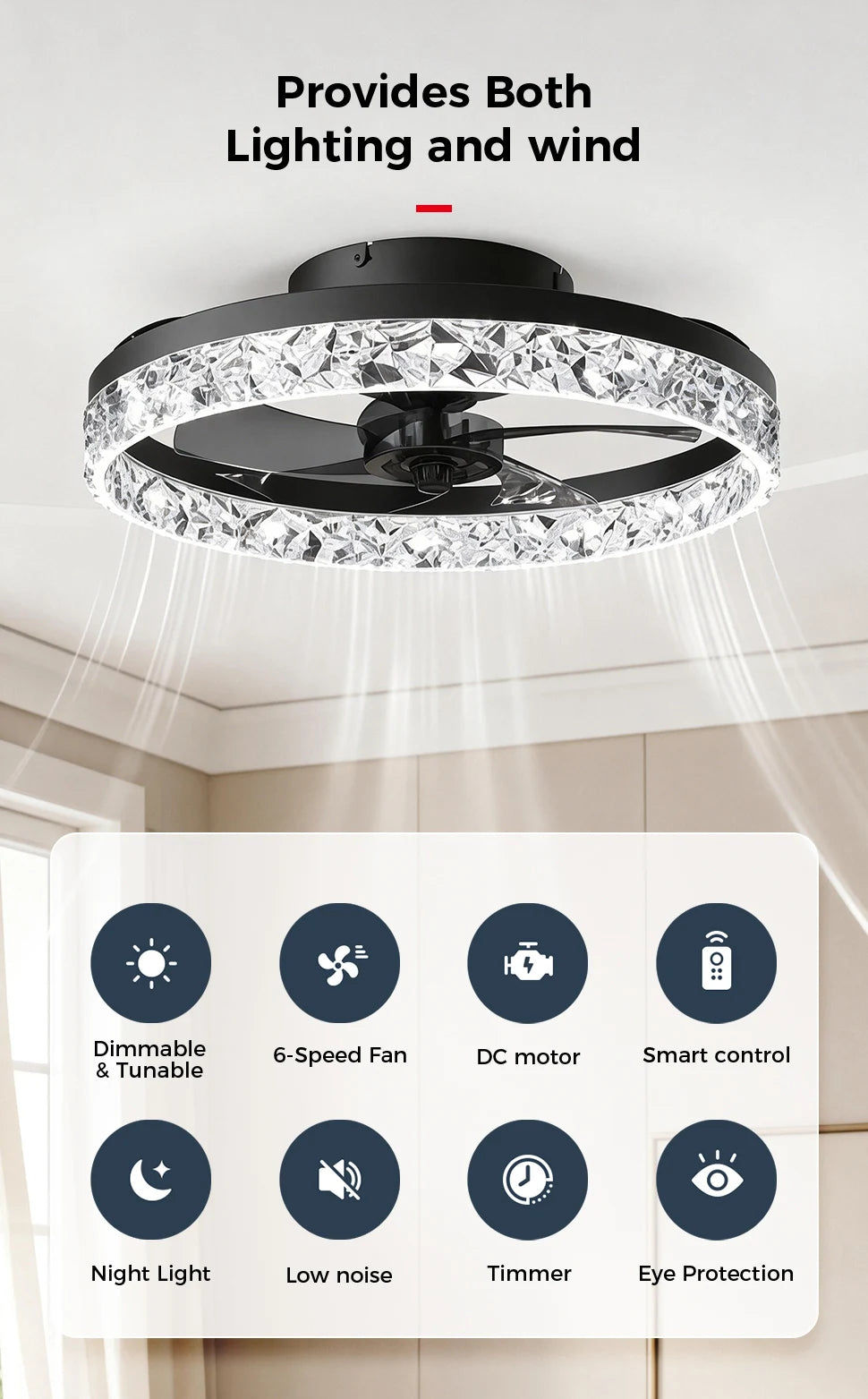 IRALAN Ceiling Fans with Remote Control and Light Suitable for Indoor Study White and Black Lighting Smart Electric Fan