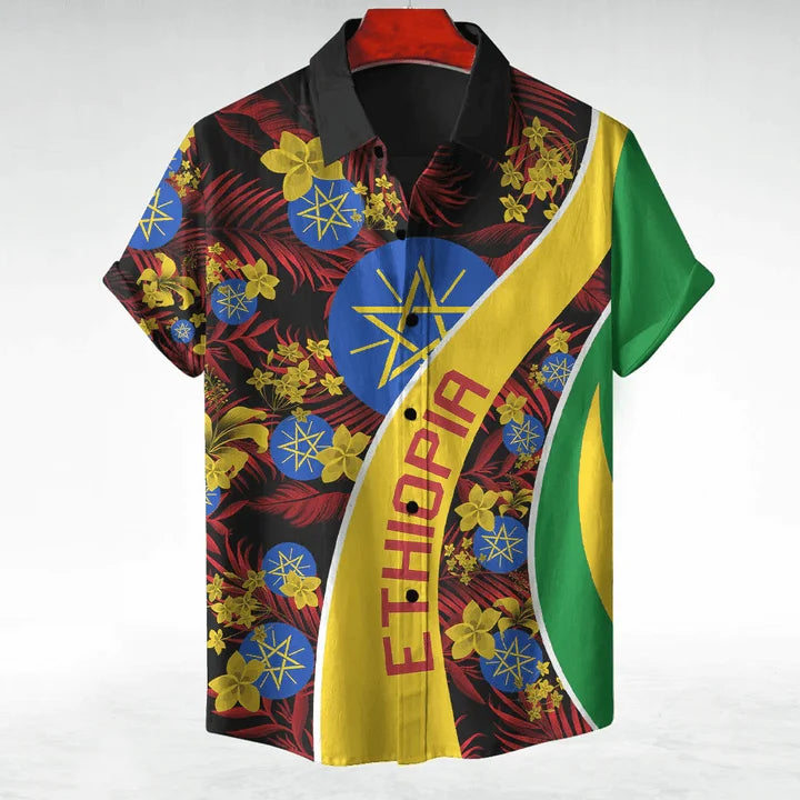 Ethiopia Africa County Flag Map Short Sleeve Shirts For Men Clothes Orthodox Tee National Emblem Graphic Blouses Hawaii Boy Tops