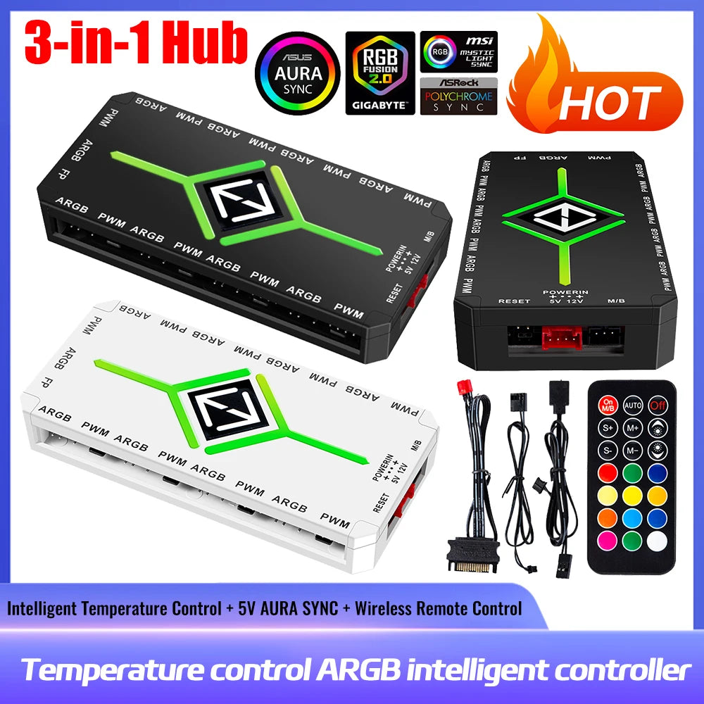 1 To 9 Ports 3 in 1 4 Pin PWM Magnetic Suction Hub with Remote PWM Magnetic Fan Hub Splitter PWM & ARGB Hub Splitter for PC Case