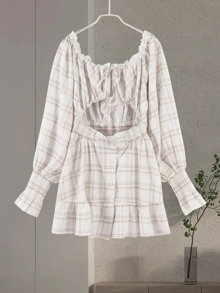 Slash Neck Lace Up Hollow Out Mini Print Dress Women Sexy Lantern Full Sleeve Backless Evening Dresses Hot Girl Summer Partywear