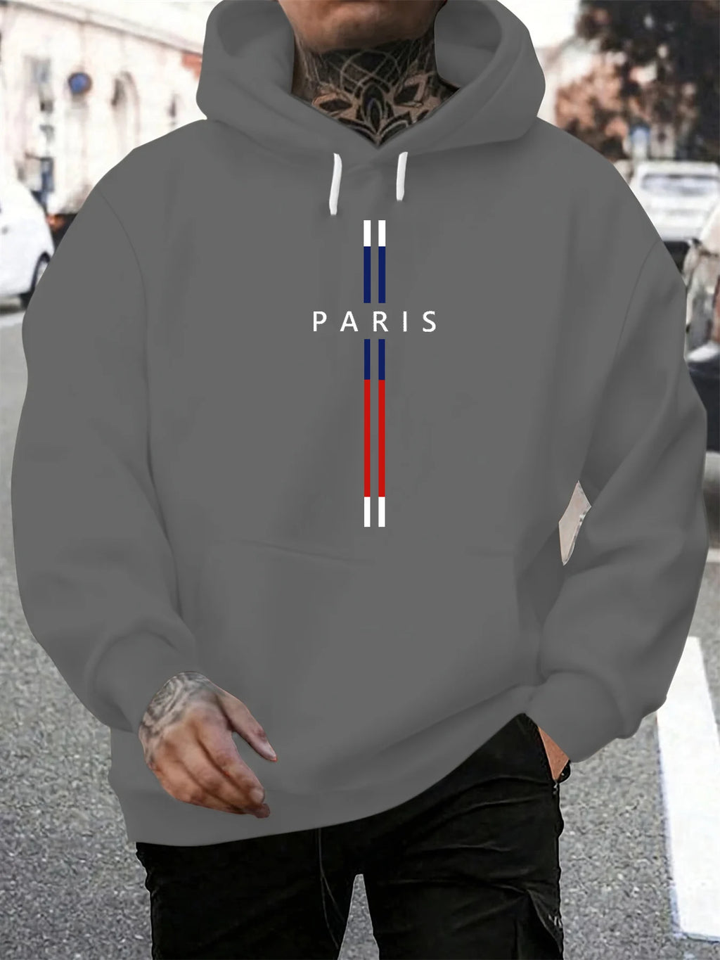 Men's autumn and winter casual fashionable loose hooded sweatshirt Paris letter printed long sleeved warm pullover