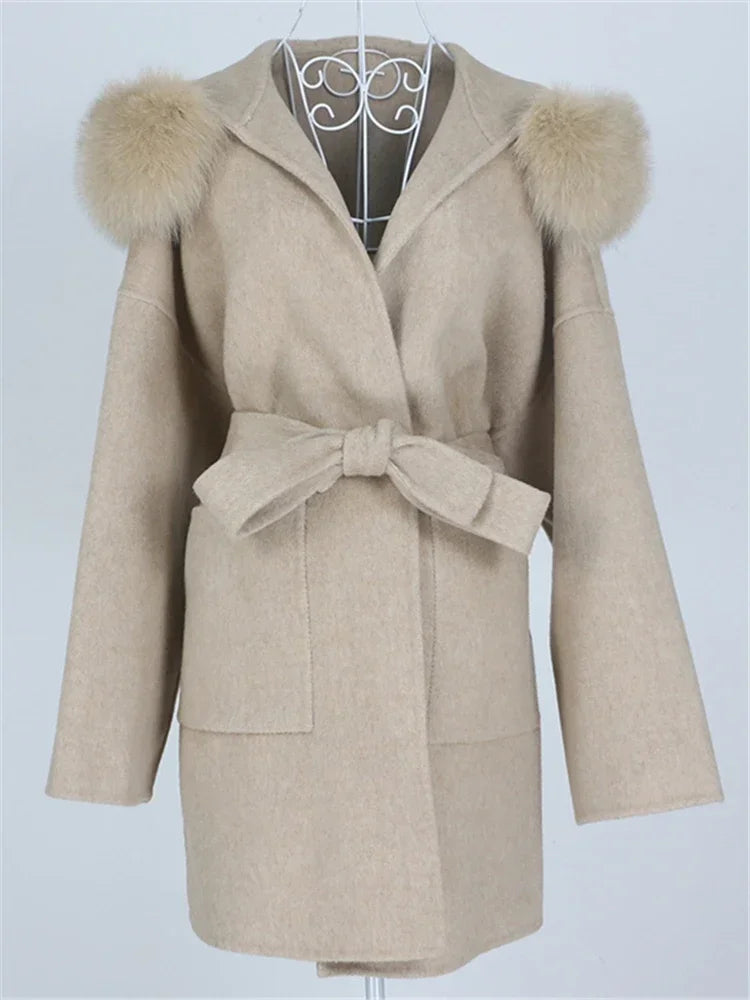 Real Fur Wool Outerwear Wool Blends Coat Natural Fox Fur Collar Hooded Cashmere Winter Jacket for Women Streetwear High Street