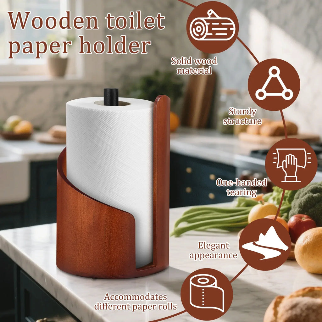 New Paper Towel Holder Wooden Kitchen Spiral Roll Paper Holder Anti-Skid Tissue Vertical Stand Countertop Bathroom Decoration