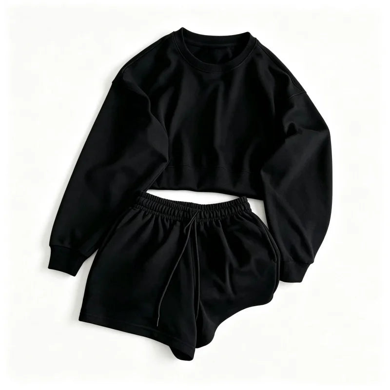 spring summer Womens Round neck long sleeve Sweatshirt Two Piece Set Casual Sweatshirt+shorts suit Daily Womens Tracksuit