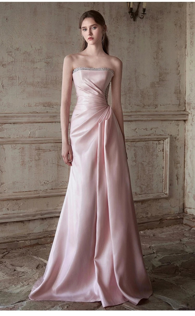Pink Strapless French Evening Gown 2026 New High-end Annual Meeting Host Engagement Banquet Bride Toast Costume Customization
