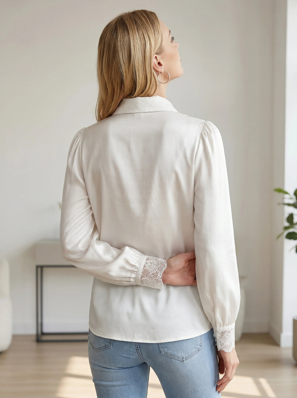 Gadinus Plus Size Women’s Satin Lace Trim Button-Up Blouse Elegant Long Sleeve Puff Cuff Shirt Regular Fit Office Chic Top