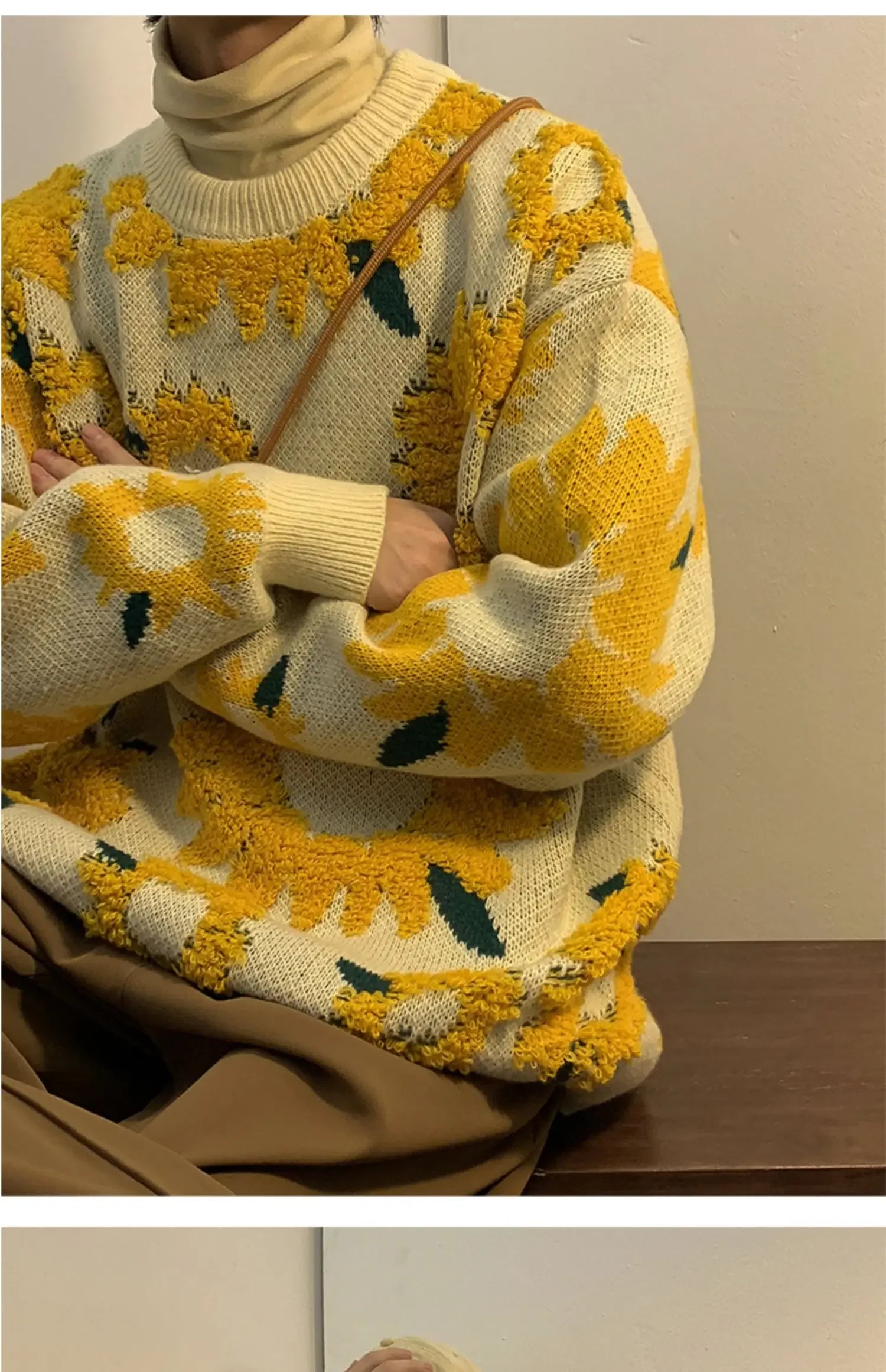 Flocking Floral Sweaters Men Baggy Spring Autumn Japanese Style Retro   High Street Harajuku Knitwear Slouchy Ins