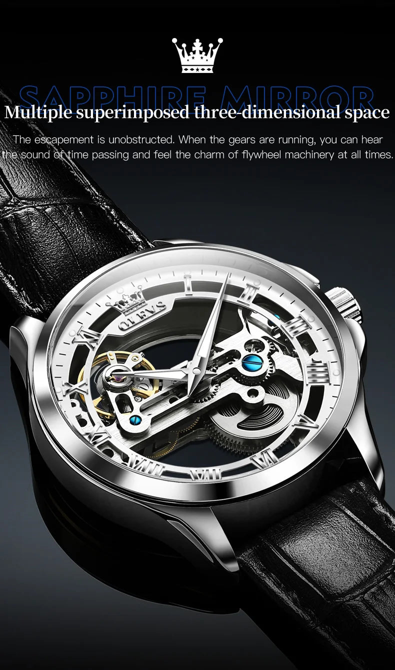 OLEVS Couple Watches Original Fully Transparent Skeleton Automatic Mechanical Watches For Men Women Lover's Gift Luxury Watches