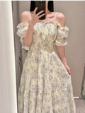 Kuzuwata Fairy Lovely Mesh Ruched Patchwork Robe Mid-length Puff Sleeve Off Shoulder Slim Mujer Japan Print Pleated Fresh Dress