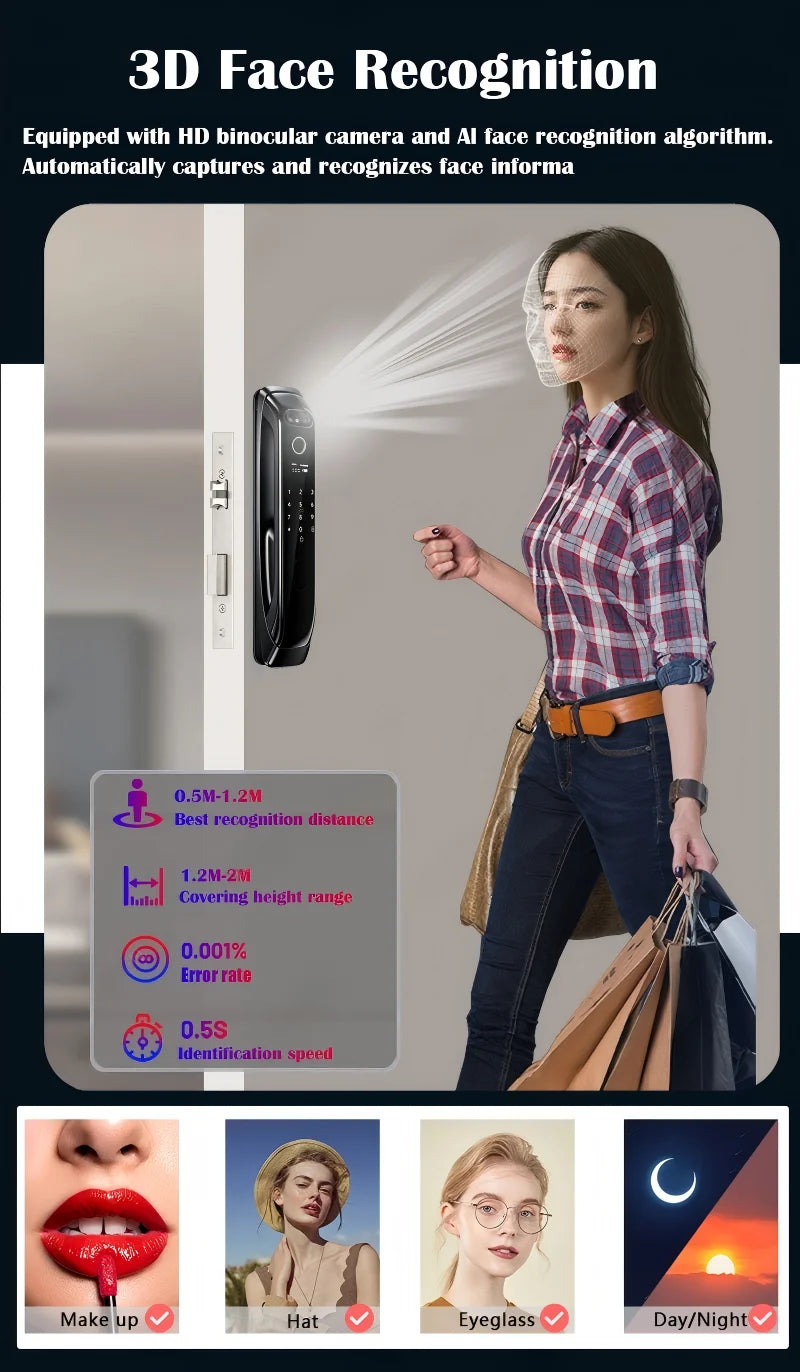 5050 5072 5572 4585 6085 Mortise Tuya WiFi Video Intercom 3D Face Recognition Smart Lock Biometric Camera Auto Keyless Lock