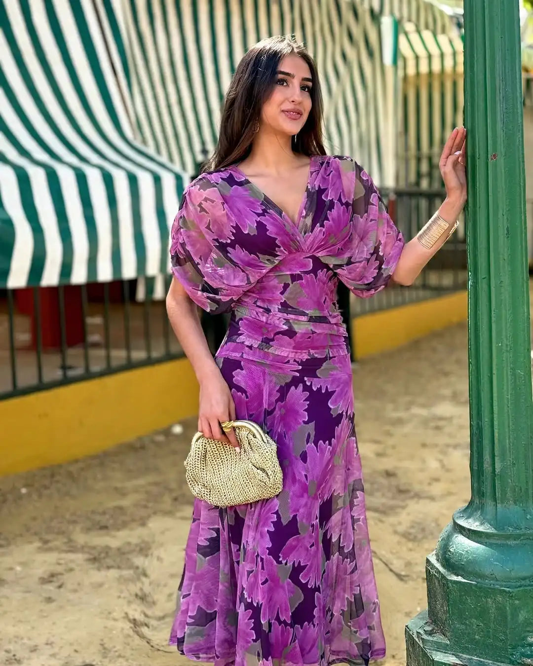 Women Solid Deep V-neck Mesh Long Dress Elegant Puff Short Sleeve Ruched Waist High Vestidos 2026 Summer Lady Casual Street Robe
