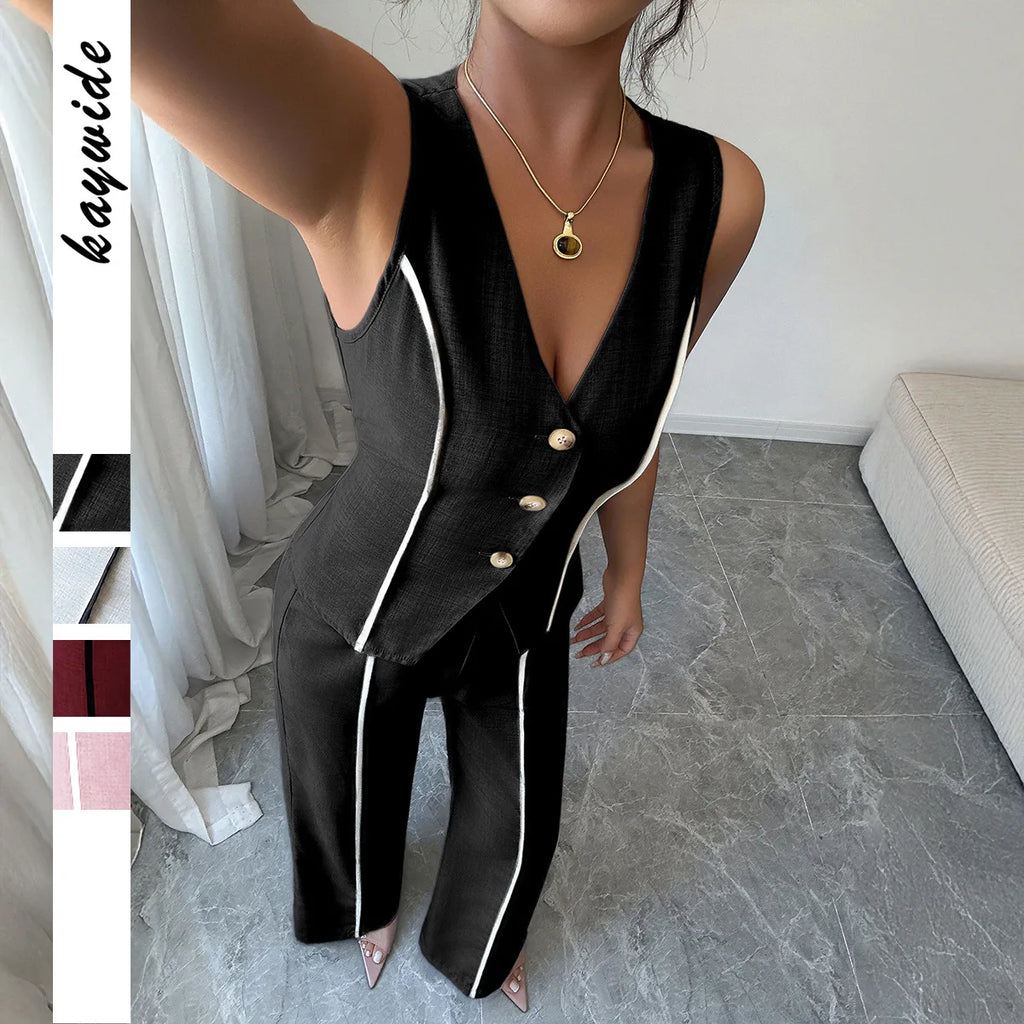 Elegant V-neck High-waisted Color-block Sleeveless Women's Suit For Spring/summer 2026 Dress Elegant Lace Maxi Beach