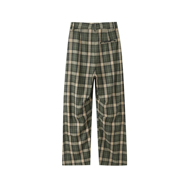 Chic Green Plaid Print Loose Pants Women Casual High Waist Straight Wide Leg Trousers Party Daily Classic Attire 2026 Spring