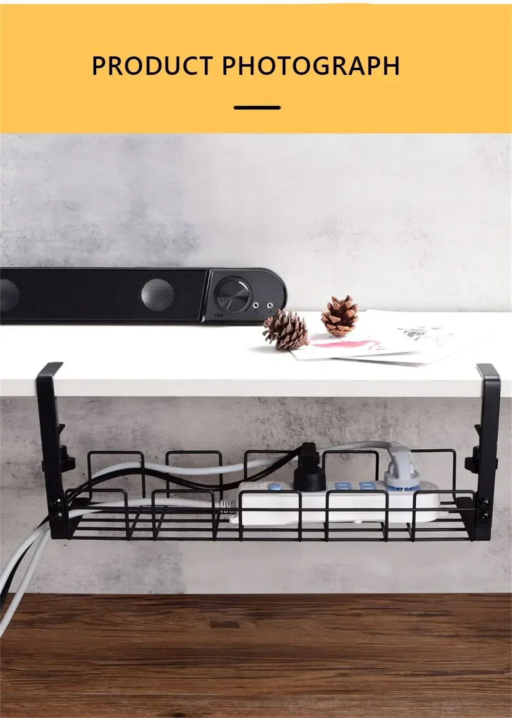 Home Office Desk Wire Organizer No Punching Kitchen Storage Accessories Under Table Storage Rack Metal Cable Management Tray 