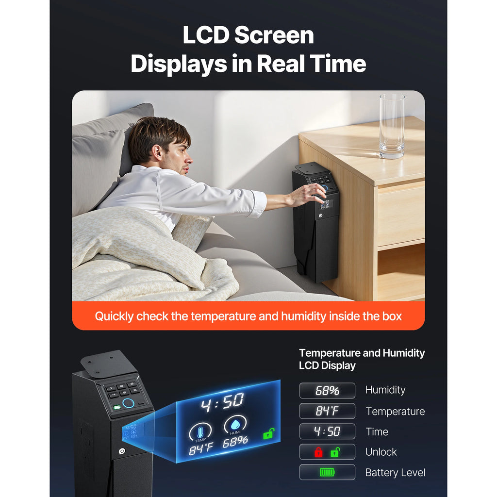 SucceBuy  Safe Slider Safe with Screen Fingerprint/Password/Key 3-Way Quick Access Case Box with LED for Nightstand Bedside Desk