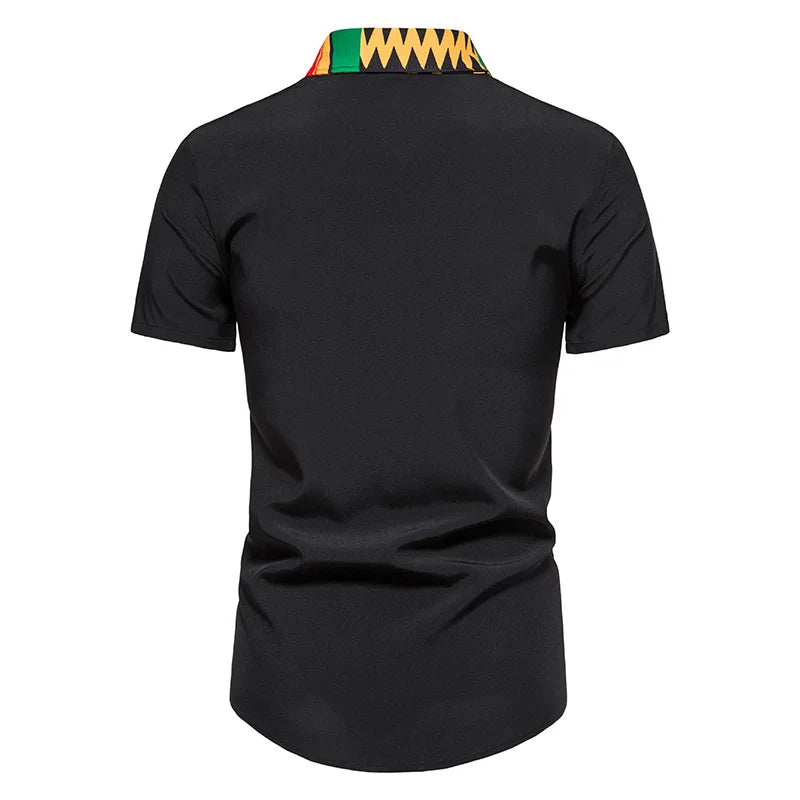 African Ankara Kente Print Shirt Short Sleeves Summer Men's Fashion Patchwork Button Up Traditional Dashiki Casual Tops