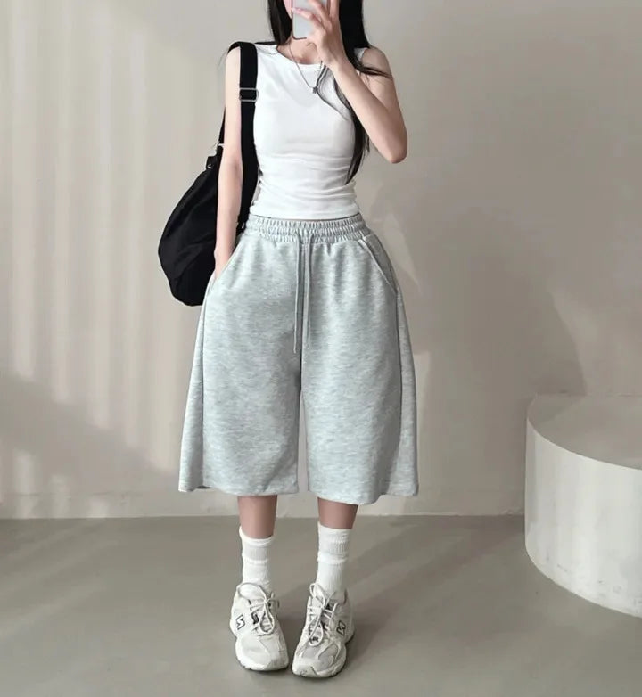Summer Drawstring Wide Leg Shorts Women Fitness Running Loose Casual Large Sports Shorts Sweat Short High Elastic Lace Up Pants