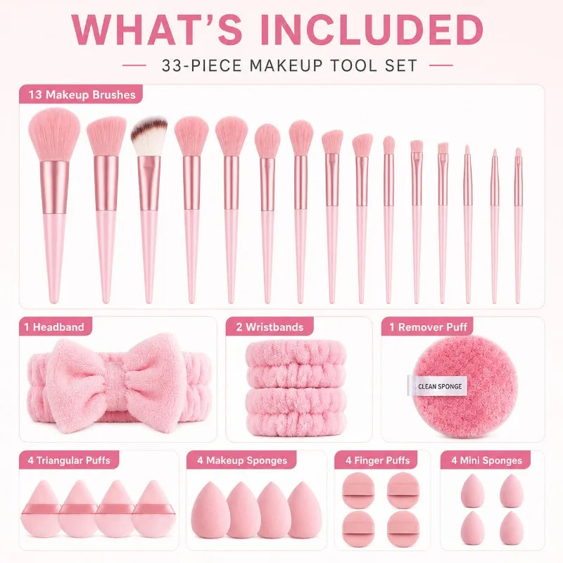 33Pcs Full Makeup Tool Kit, 13 Brushes + Sponges + Finger Puffs + Headband for Face Eye Makeup Daily Touch Ups Travel Kit