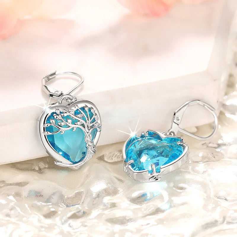 925 Sterling Silver Blue Crystal Heart Zircon Earrings For Woman Vintage Tree Shaped Engagement Charm Jewelry Gift