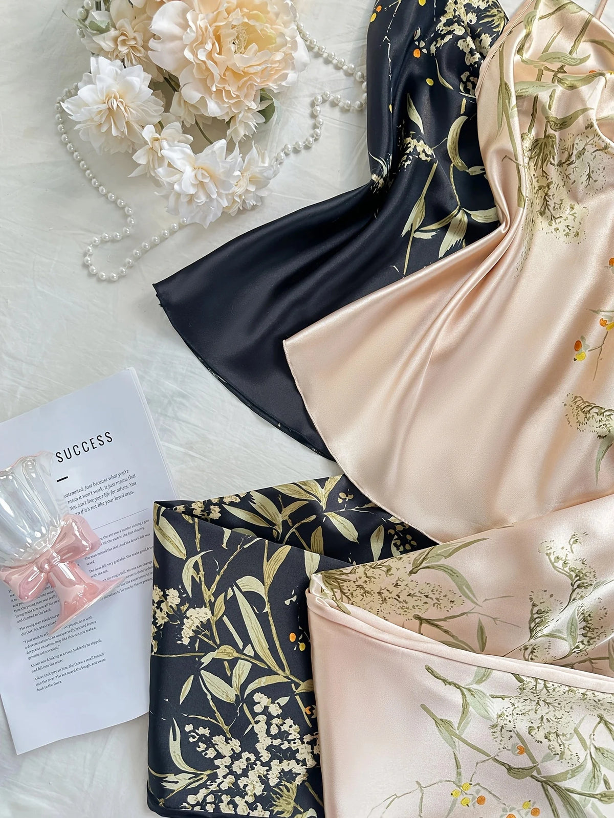 Autumn Women Satin Pajama Set Cherry Floral Print Cami Top and Shorts Sleepwear Versatile Outfit Elegant Comfortable  Loungewear