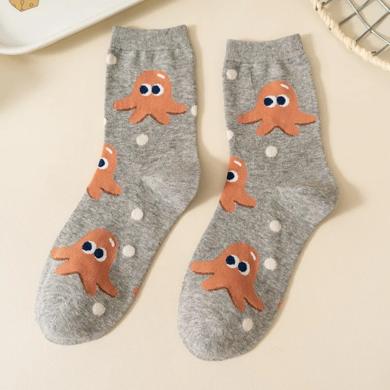1/5 Pairs Burger Fries Fried Egg Donut Cute Cartoon Anime Breathable Fashion Mid-Calf Socks Unisex
