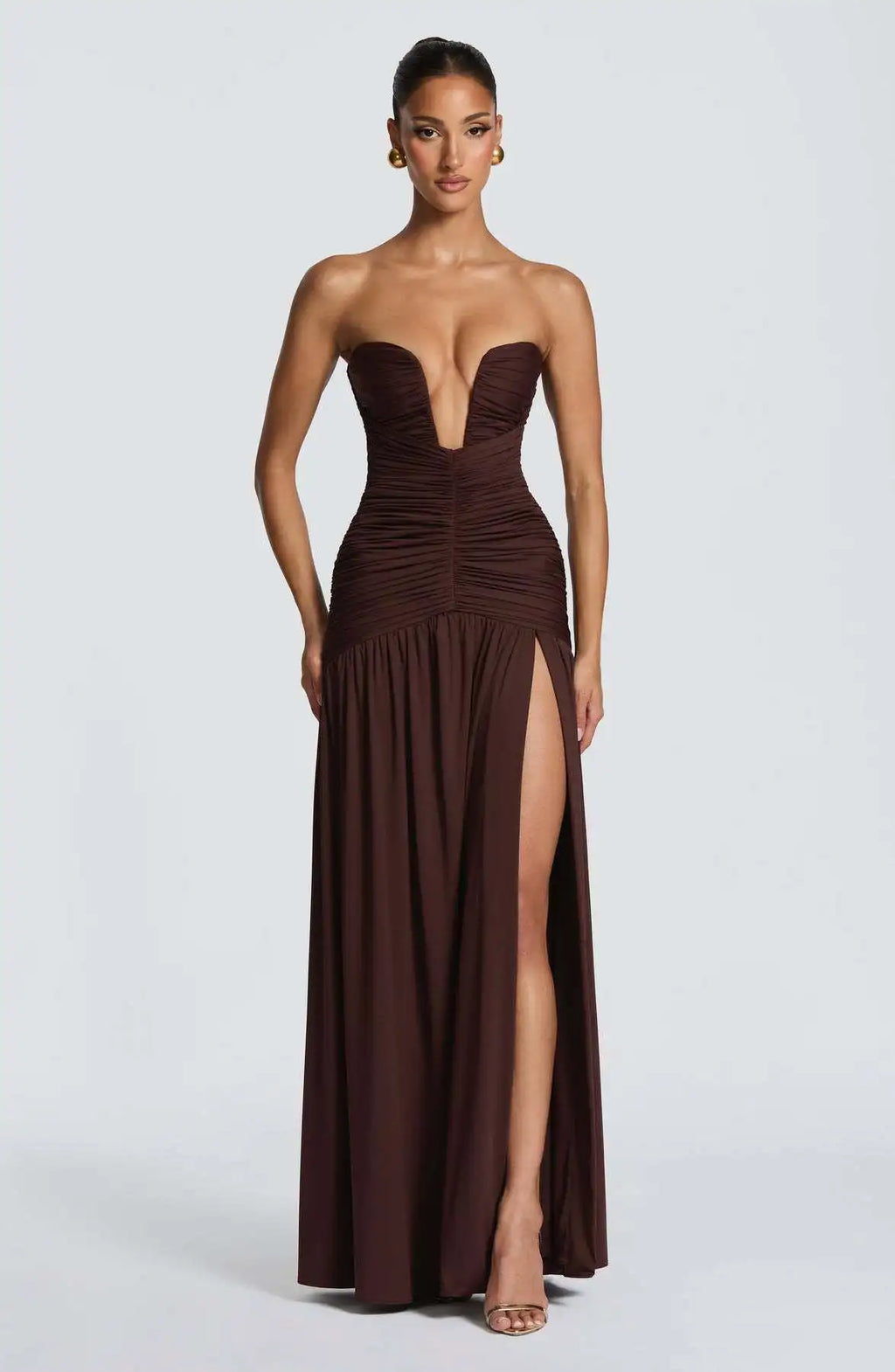 Elegant Lady Solid Maxi Dress Sleeveless Off Shoulder Deep V-neck High Split Pleated Satin Gown 2026 Women New Dinner Party Wear