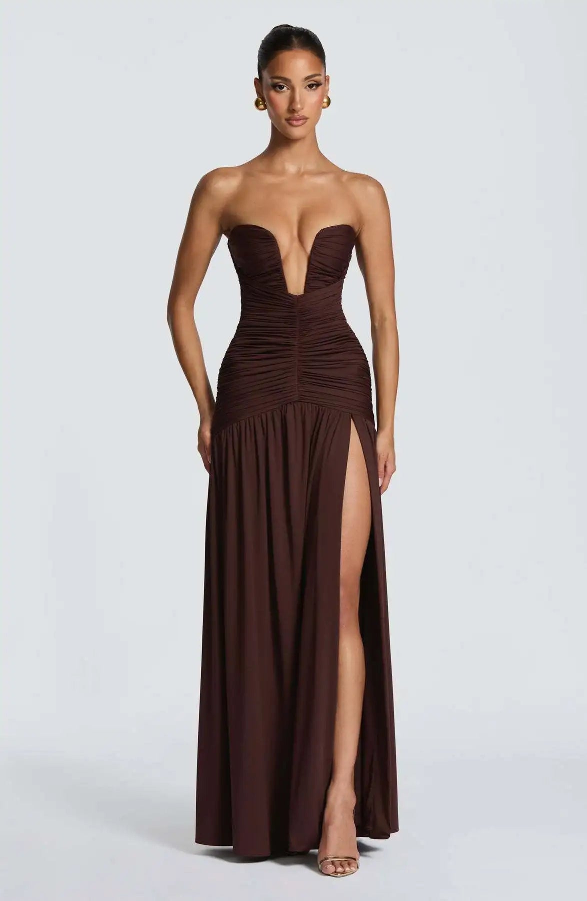 Elegant Lady Solid Maxi Dress Sleeveless Off Shoulder Deep V-neck High Split Pleated Satin Gown 2026 Women New Dinner Party Wear