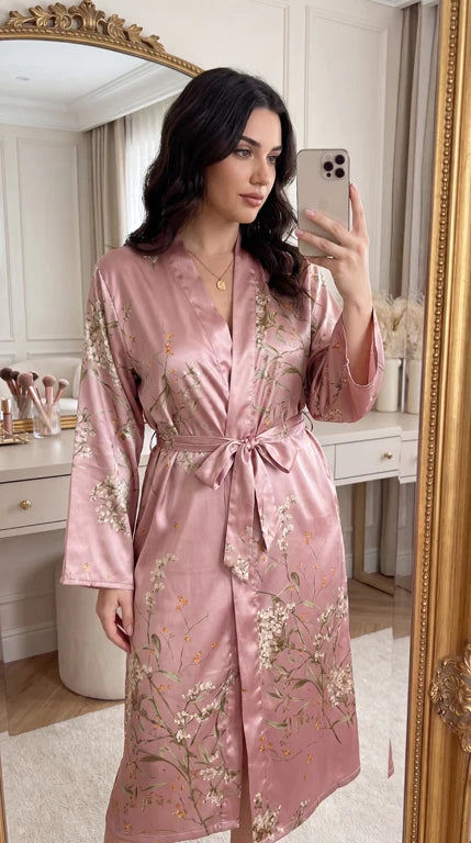 Ladies Pink Cherry Print Sleepwear Thin Robe Home Clothes Soft Comfortable Nightgown for Women